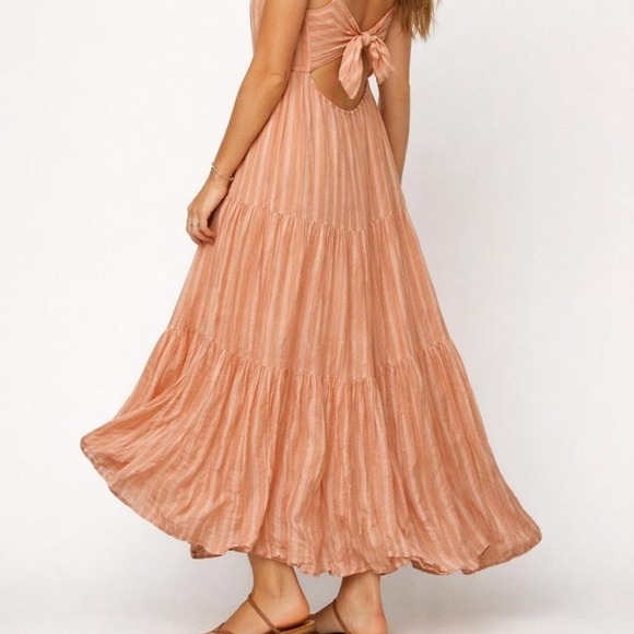 Elan Dresses & Skirts - Elan Womens Coral Stripe Tiered Midi Dress Tie Back Cutout Large NEW